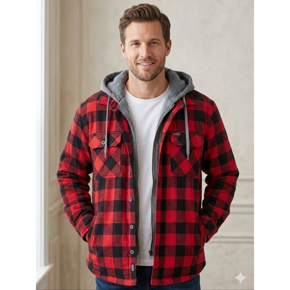 Smiths Red & Black Buffalo Plaid Sherpa-Lined Hooded Shacket Workwear M